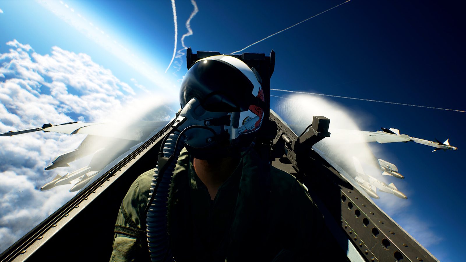 空戰奇兵8 希孚之翼 戴著頭盔的飛行員站在航空母艦甲板上，面向一架掛載飛彈的戰鬥機 3