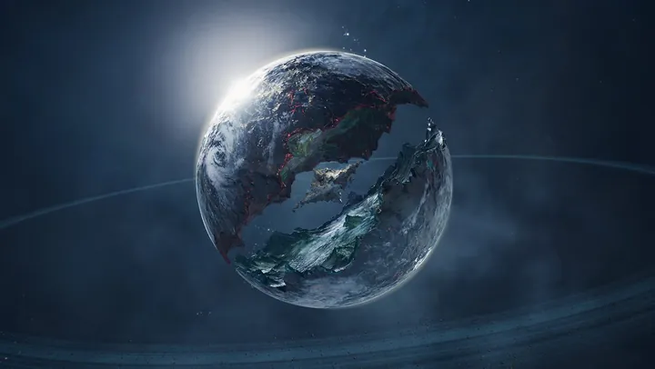 Ilustración promocional de AION 2 que muestra un planeta con anillos partido en dos mitades, suspendido en la oscuridad del espacio