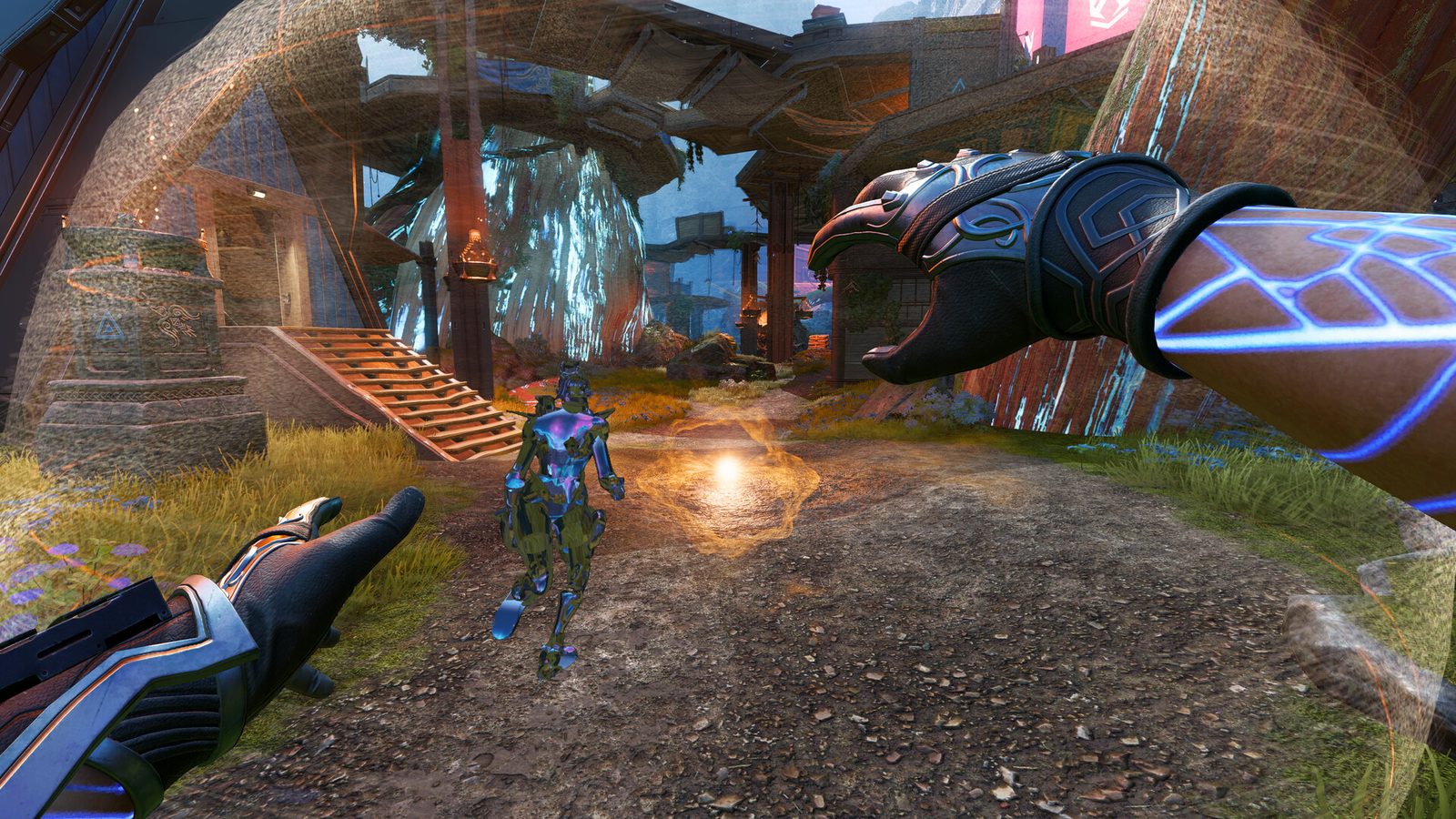 Apex Legends Imagen oficial de Apex Legends en Steam que muestra a tres leyendas con armaduras de ribetes dorados posando con espadas y lanzas dentro de una casa comunal 2