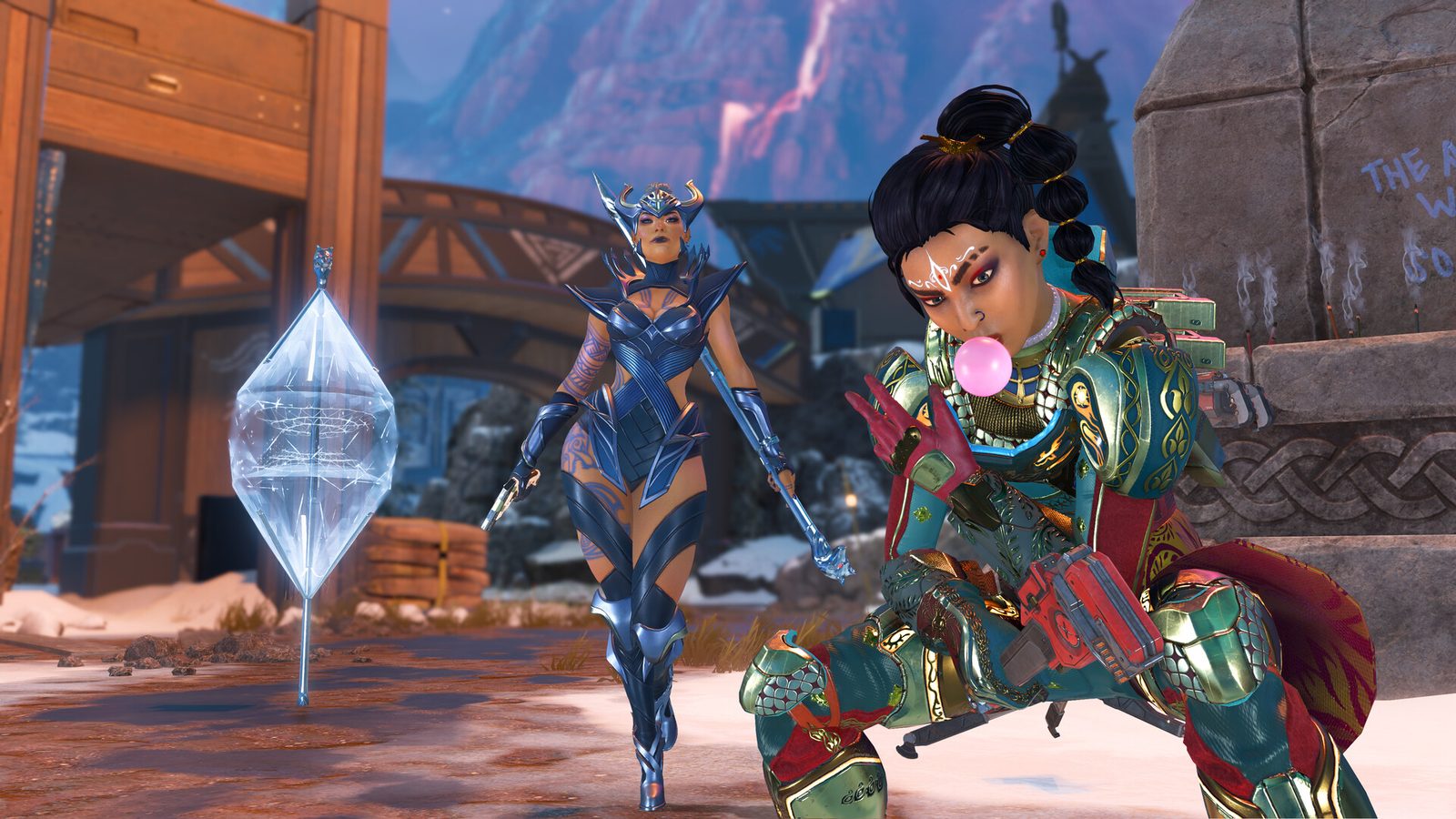 Apex Legends Imagen oficial de Apex Legends en Steam que muestra a tres leyendas con armaduras de ribetes dorados posando con espadas y lanzas dentro de una casa comunal 5