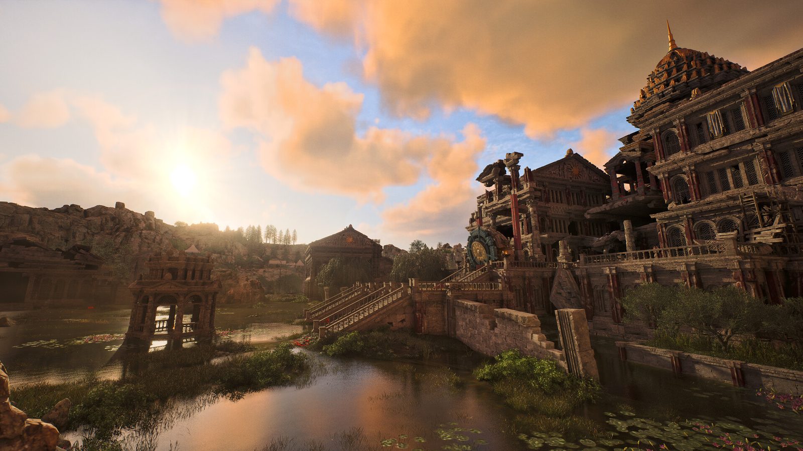 Official ArcheAge Chronicles image showing an adventurer in a red cloak and two companions looking out over a valley where a waterfall flows between vine-covered ancient ruins 3