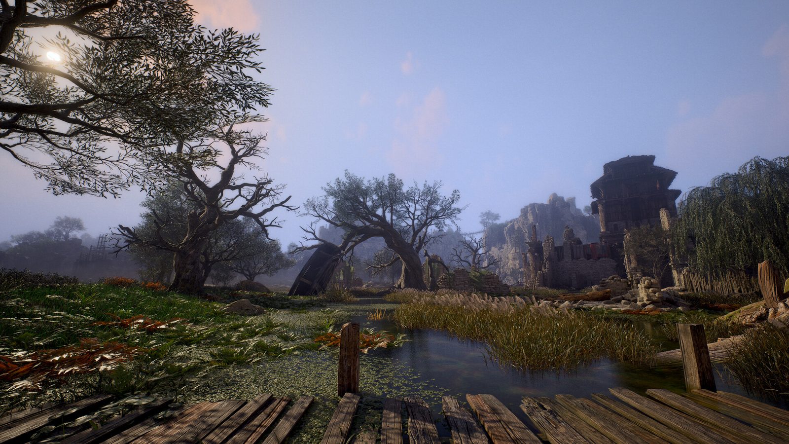 Official ArcheAge Chronicles image showing an adventurer in a red cloak and two companions looking out over a valley where a waterfall flows between vine-covered ancient ruins 4