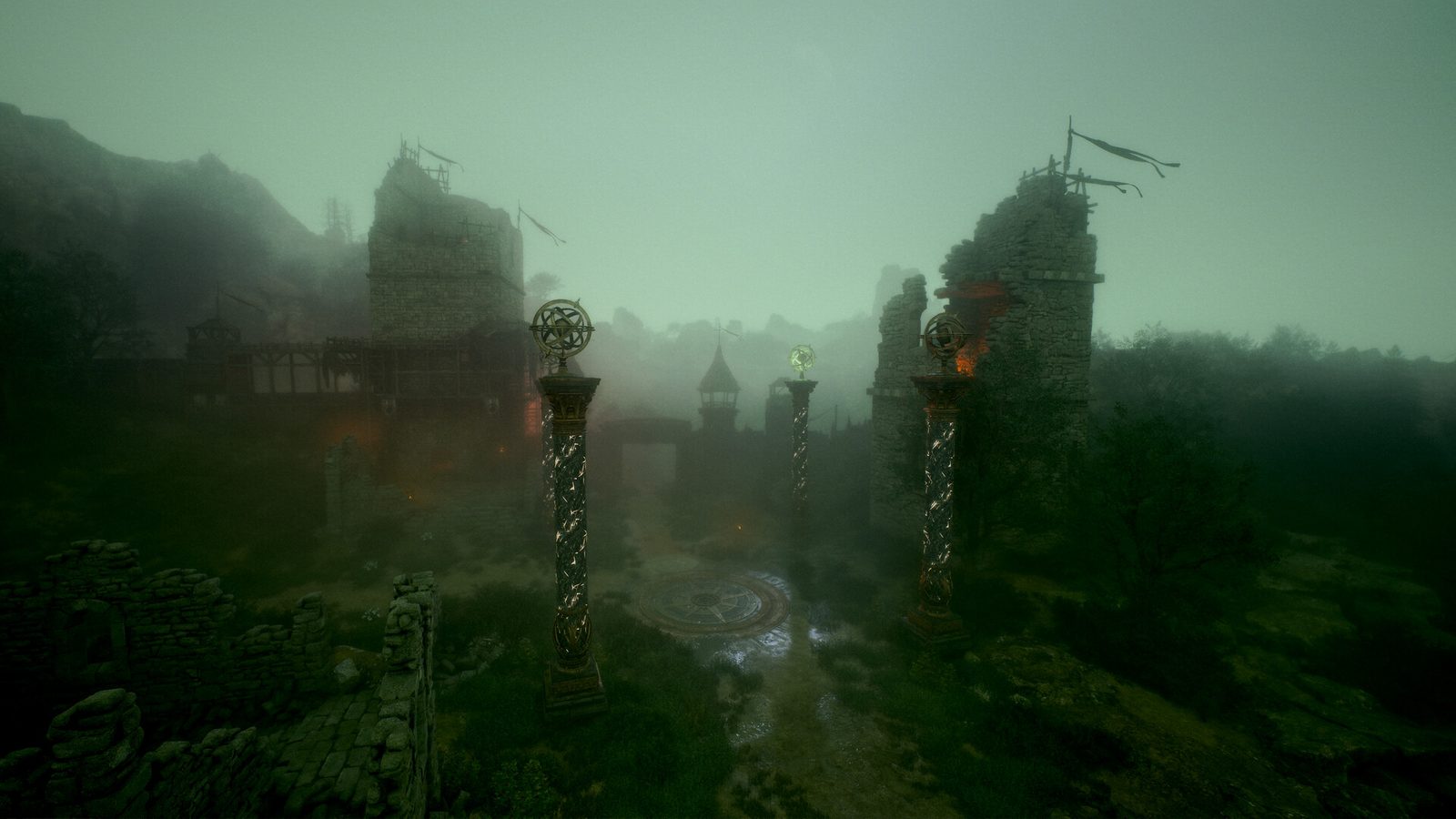 Official ArcheAge Chronicles image showing an adventurer in a red cloak and two companions looking out over a valley where a waterfall flows between vine-covered ancient ruins 6
