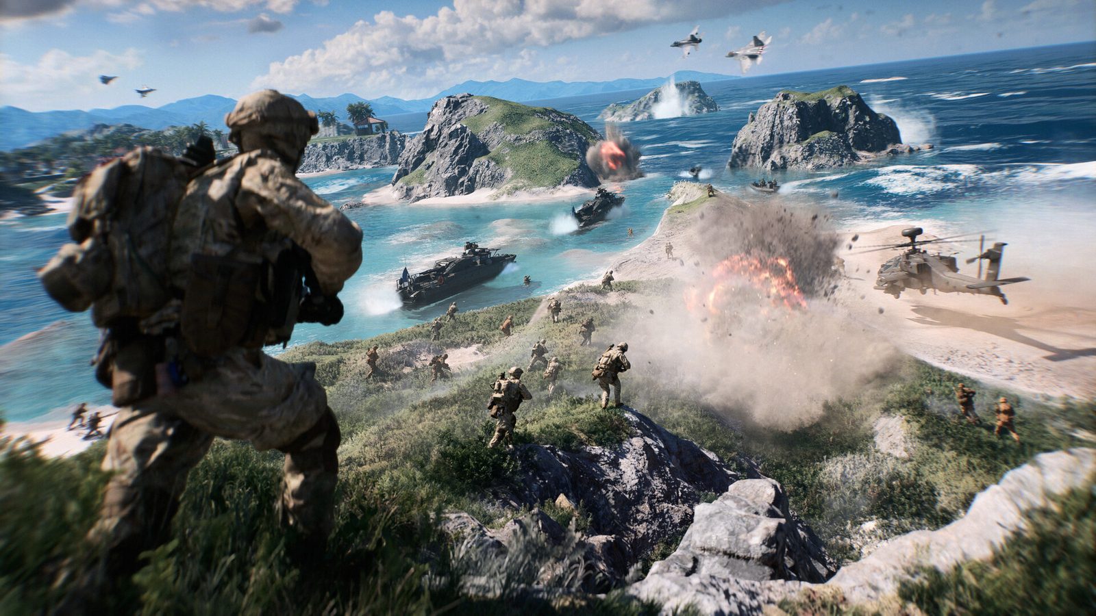 Battlefield 6 Ilustración promocional de Battlefield 6 con cuatro soldados en la azotea de un edificio en ruinas frente a una ciudad en llamas y un caza que cruza el cielo lleno de humo 4