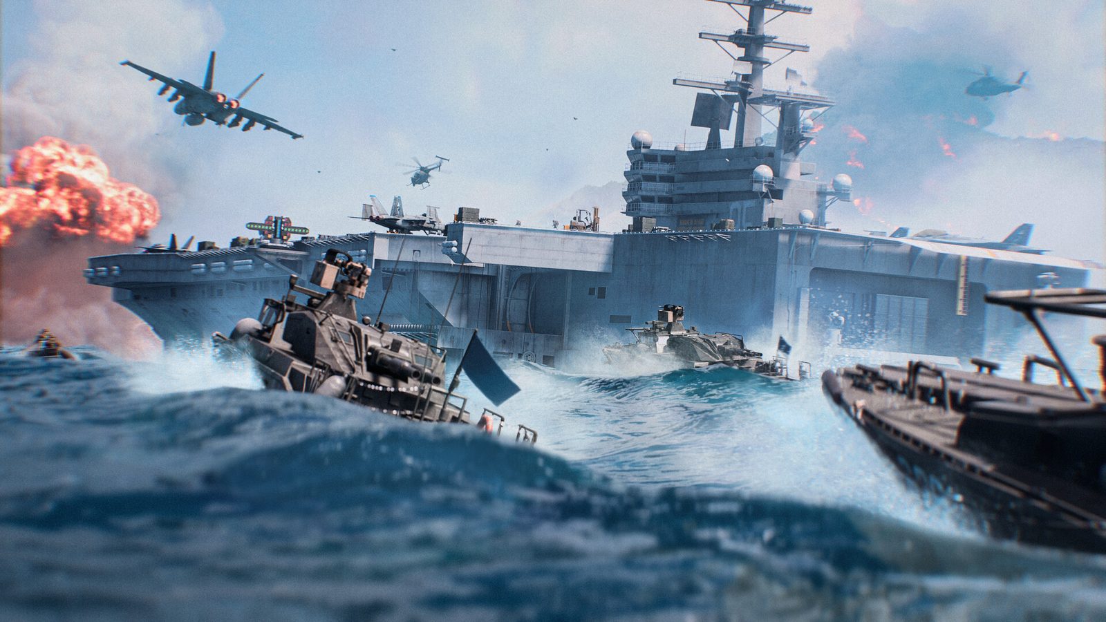 Battlefield 6 Ilustración promocional de Battlefield 6 con cuatro soldados en la azotea de un edificio en ruinas frente a una ciudad en llamas y un caza que cruza el cielo lleno de humo 5