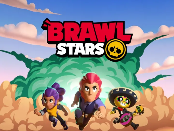 Ilustración promocional de tres brawlers, uno de cabello morado, otro de cabello rojo y un músico esqueleto con una guitarra, que corren hacia delante entre humo verde y polvo bajo el logotipo de BRAWL STARS