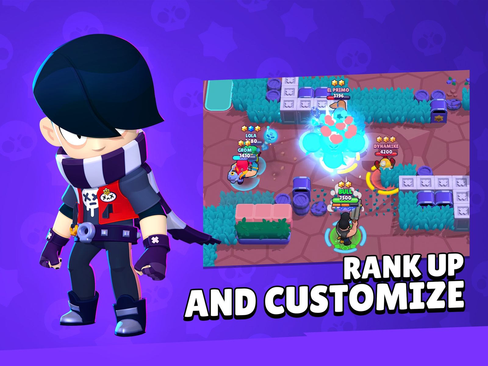Brawl Stars Ilustración promocional de tres brawlers, uno de cabello morado, otro de cabello rojo y un músico esqueleto con una guitarra, que corren hacia delante entre humo verde y polvo bajo el logotipo de BRAWL STARS 2