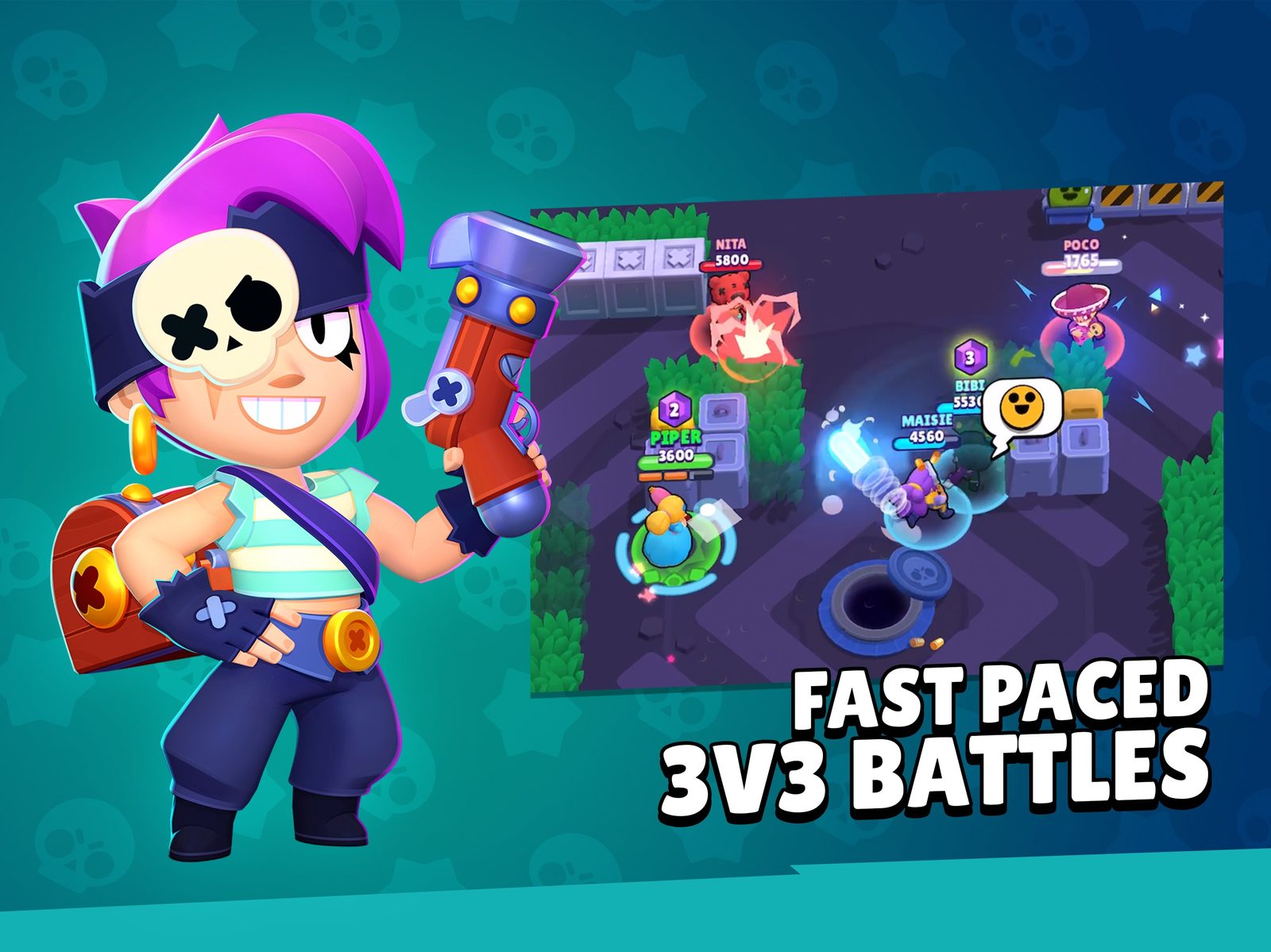 Brawl Stars Ilustración promocional de tres brawlers, uno de cabello morado, otro de cabello rojo y un músico esqueleto con una guitarra, que corren hacia delante entre humo verde y polvo bajo el logotipo de BRAWL STARS 3