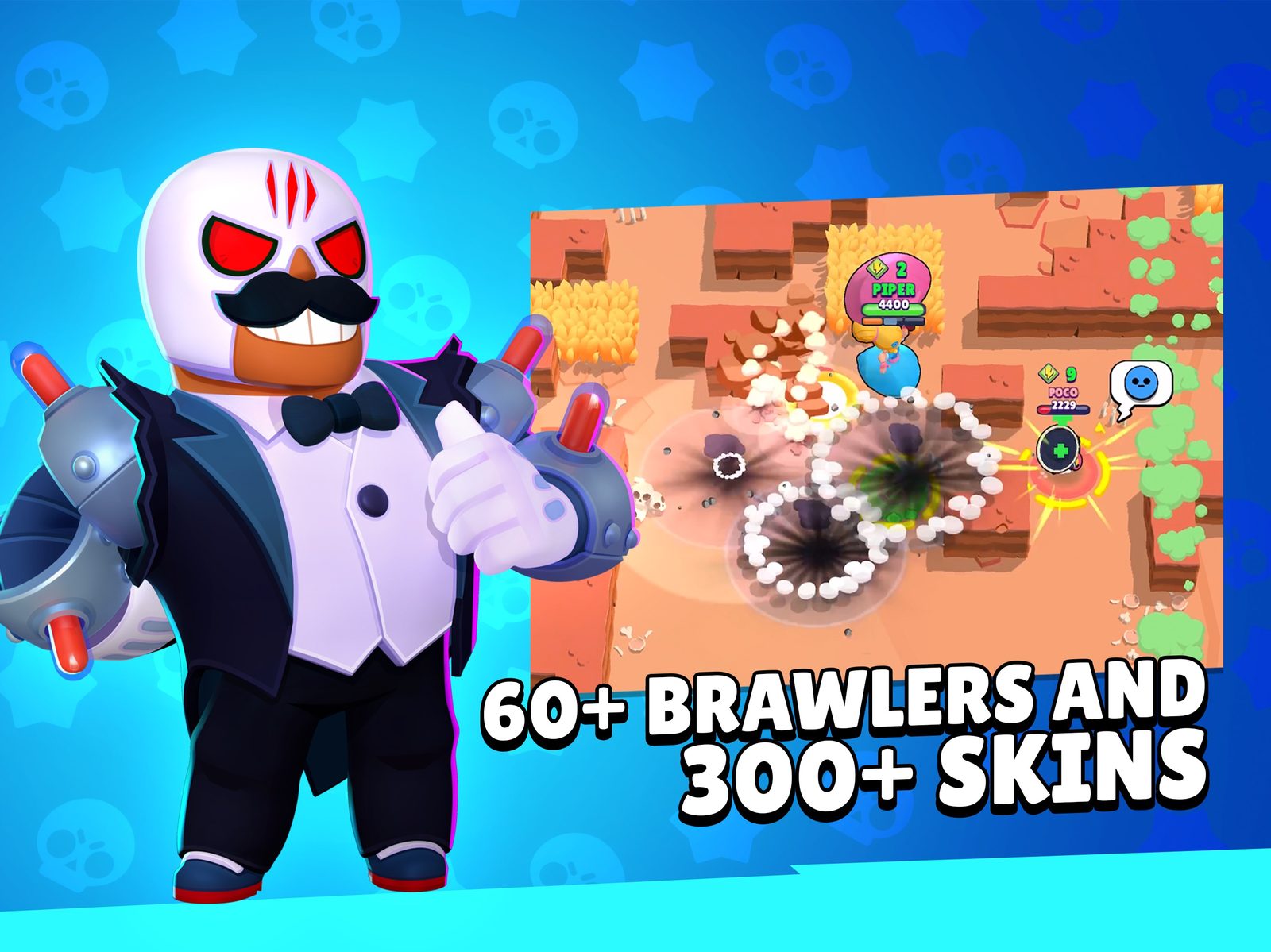 Brawl Stars Ilustración promocional de tres brawlers, uno de cabello morado, otro de cabello rojo y un músico esqueleto con una guitarra, que corren hacia delante entre humo verde y polvo bajo el logotipo de BRAWL STARS 4