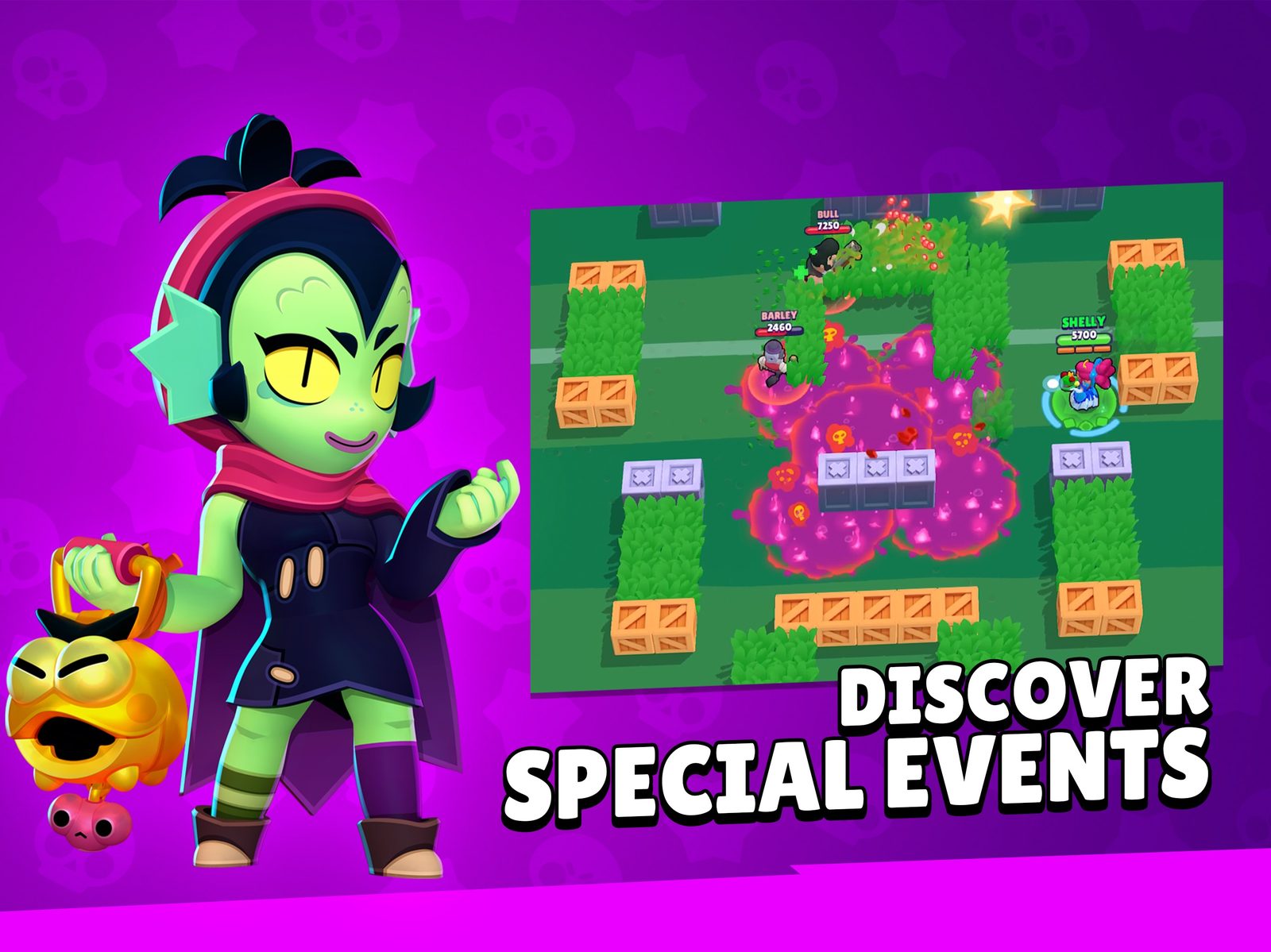 Brawl Stars Ilustración promocional de tres brawlers, uno de cabello morado, otro de cabello rojo y un músico esqueleto con una guitarra, que corren hacia delante entre humo verde y polvo bajo el logotipo de BRAWL STARS 5
