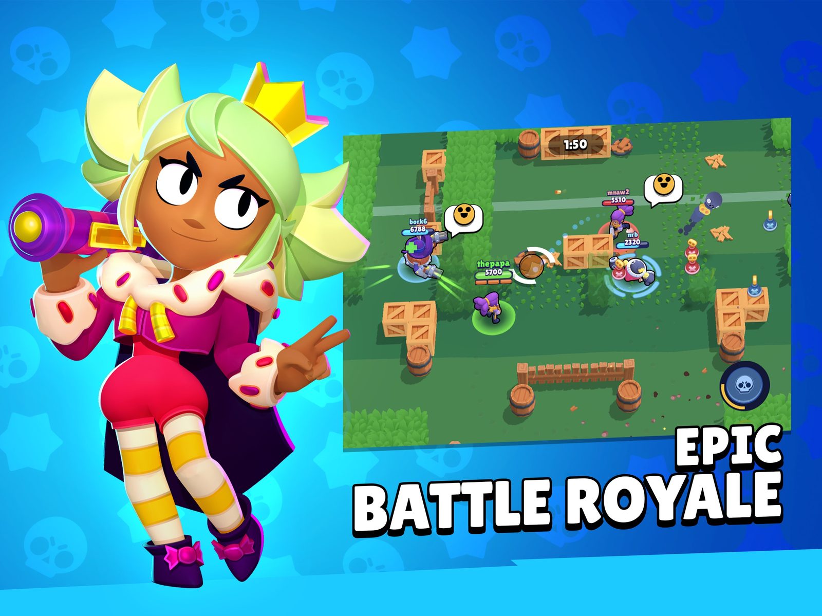 Brawl Stars Ilustración promocional de tres brawlers, uno de cabello morado, otro de cabello rojo y un músico esqueleto con una guitarra, que corren hacia delante entre humo verde y polvo bajo el logotipo de BRAWL STARS 6