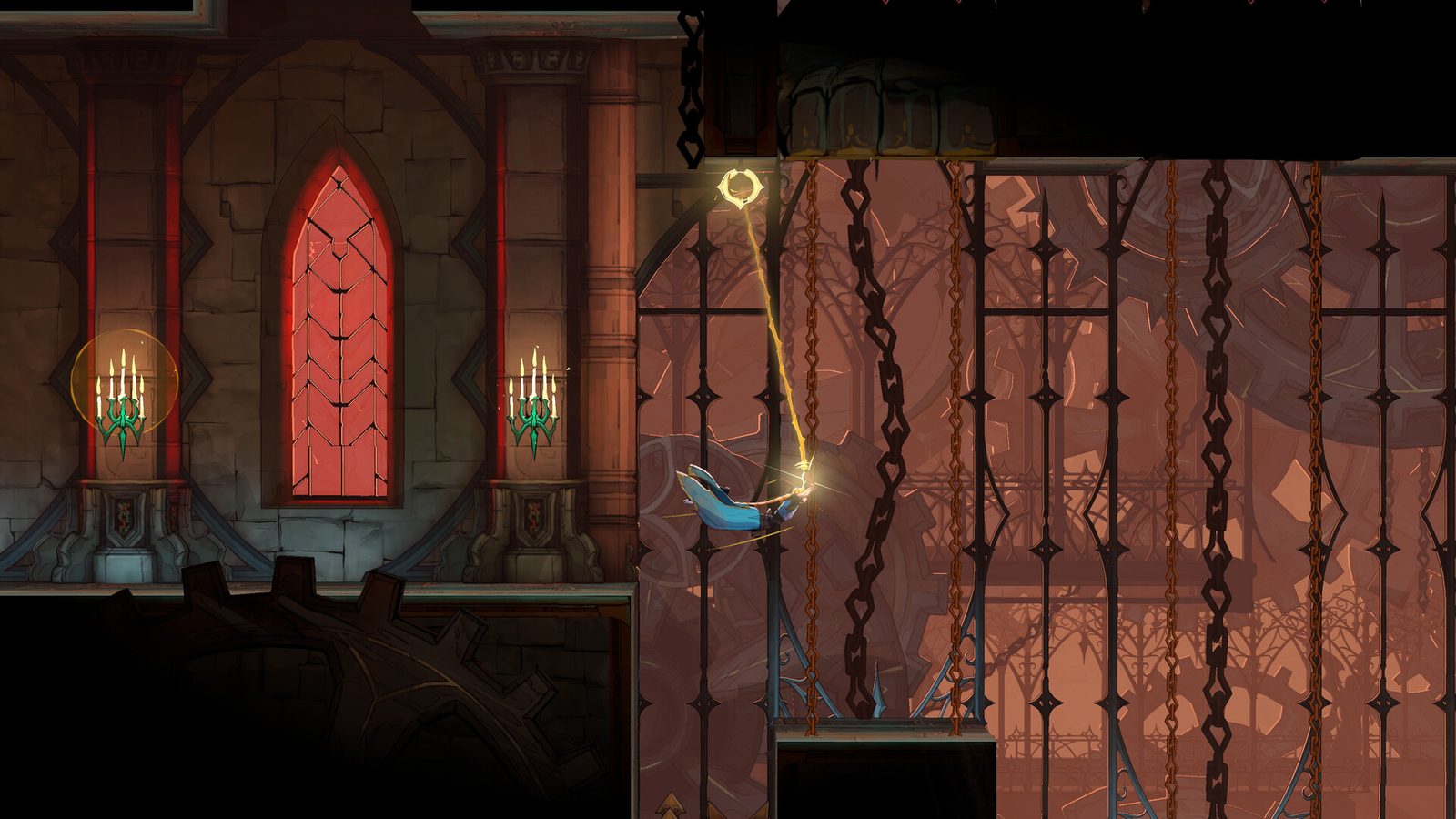 Castlevania: Belmont's Curse Ilustración promocional oficial de Castlevania: Belmont's Curse con una cazadora rubia que lleva un látigo y salta entre llamas rojas y una maraña de monstruos 1