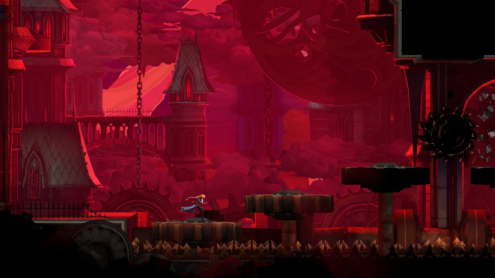 Castlevania: Belmont's Curse Ilustración promocional oficial de Castlevania: Belmont's Curse con una cazadora rubia que lleva un látigo y salta entre llamas rojas y una maraña de monstruos 2