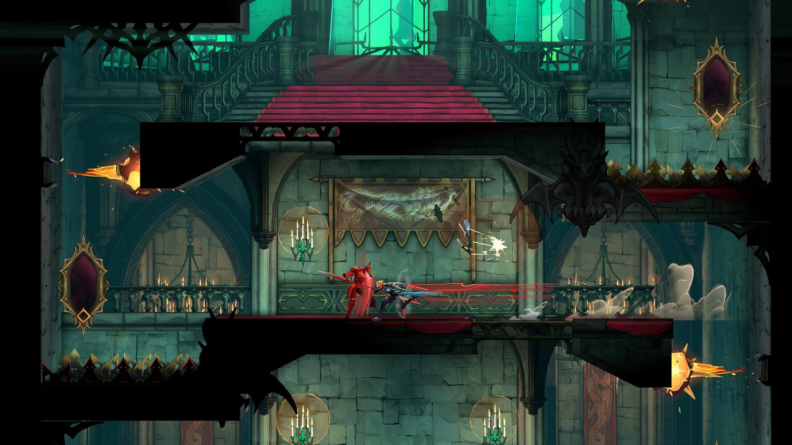 Castlevania: Belmont's Curse Ilustración promocional oficial de Castlevania: Belmont's Curse con una cazadora rubia que lleva un látigo y salta entre llamas rojas y una maraña de monstruos 3