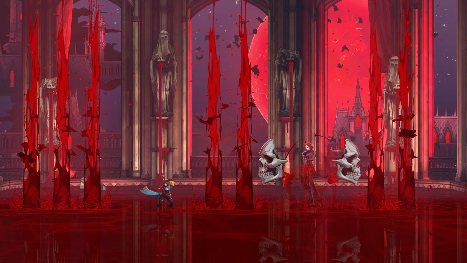 Castlevania: Belmont's Curse Ilustración promocional oficial de Castlevania: Belmont's Curse con una cazadora rubia que lleva un látigo y salta entre llamas rojas y una maraña de monstruos 4