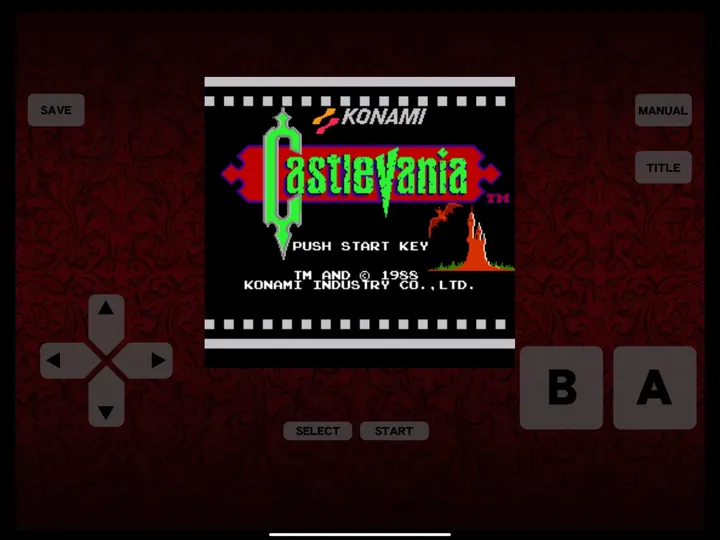 La pantalla de título de Castlevania sobre un fondo adamascado rojo oscuro, flanqueada por una cruceta y los botones A y B en pantalla