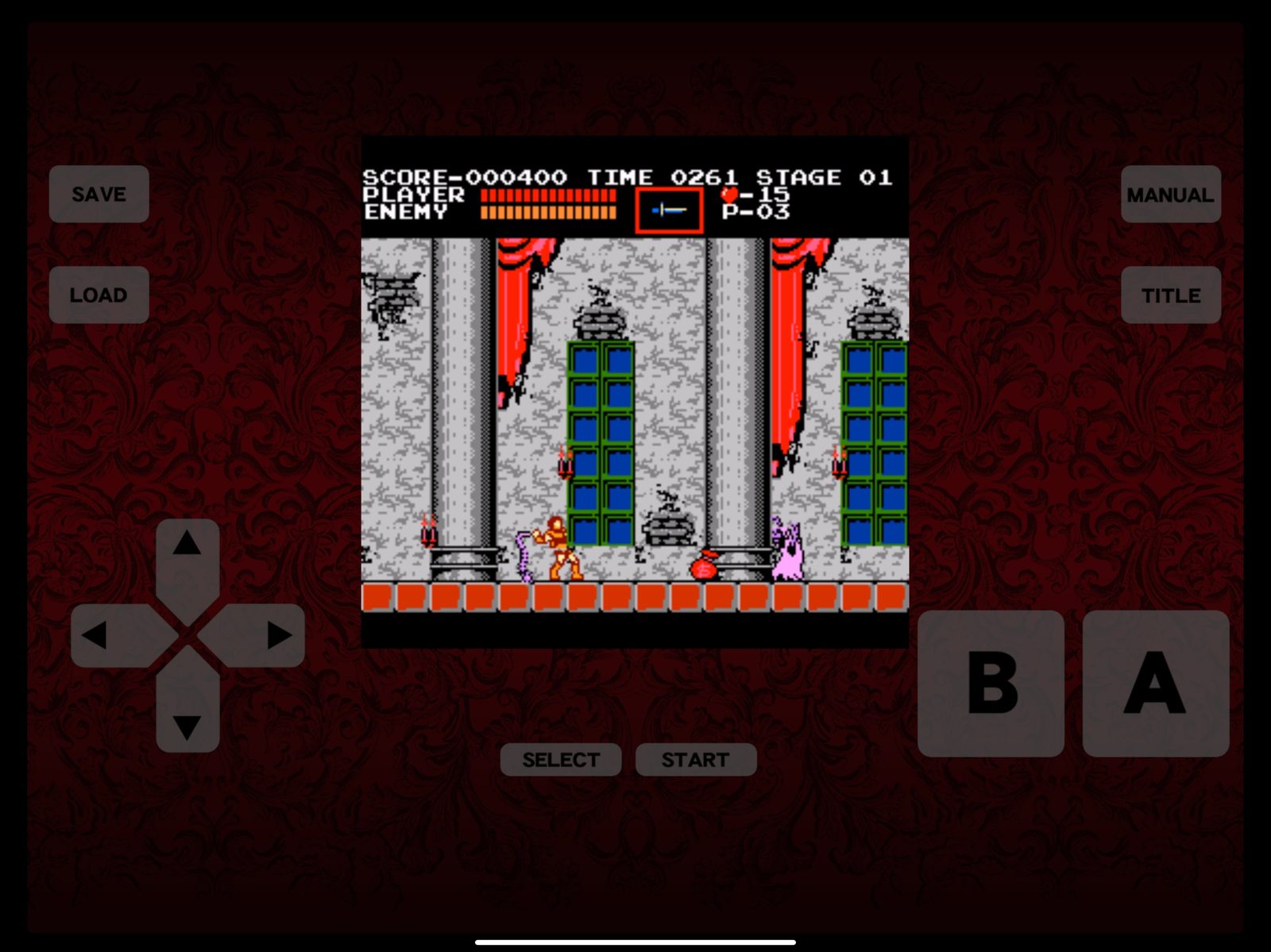 La pantalla de título de Castlevania sobre un fondo adamascado rojo oscuro, flanqueada por una cruceta y los botones A y B en pantalla 2