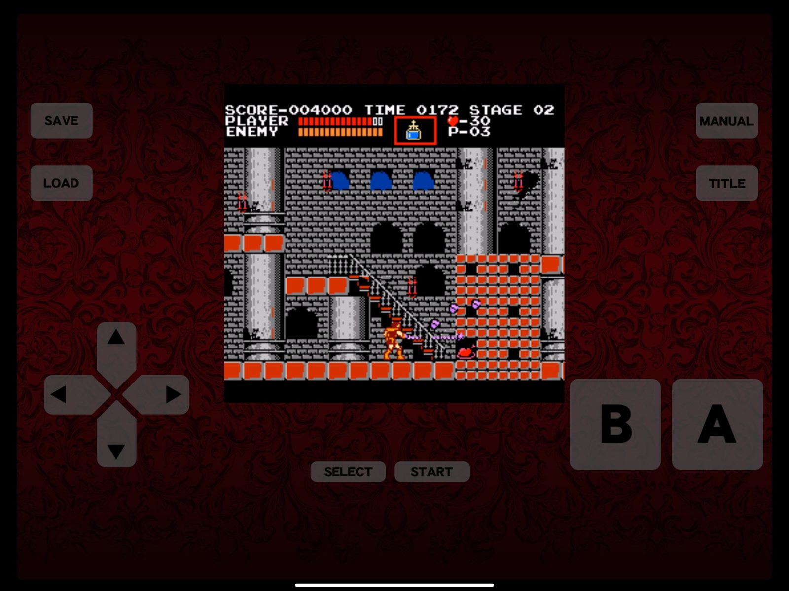 La pantalla de título de Castlevania sobre un fondo adamascado rojo oscuro, flanqueada por una cruceta y los botones A y B en pantalla 3