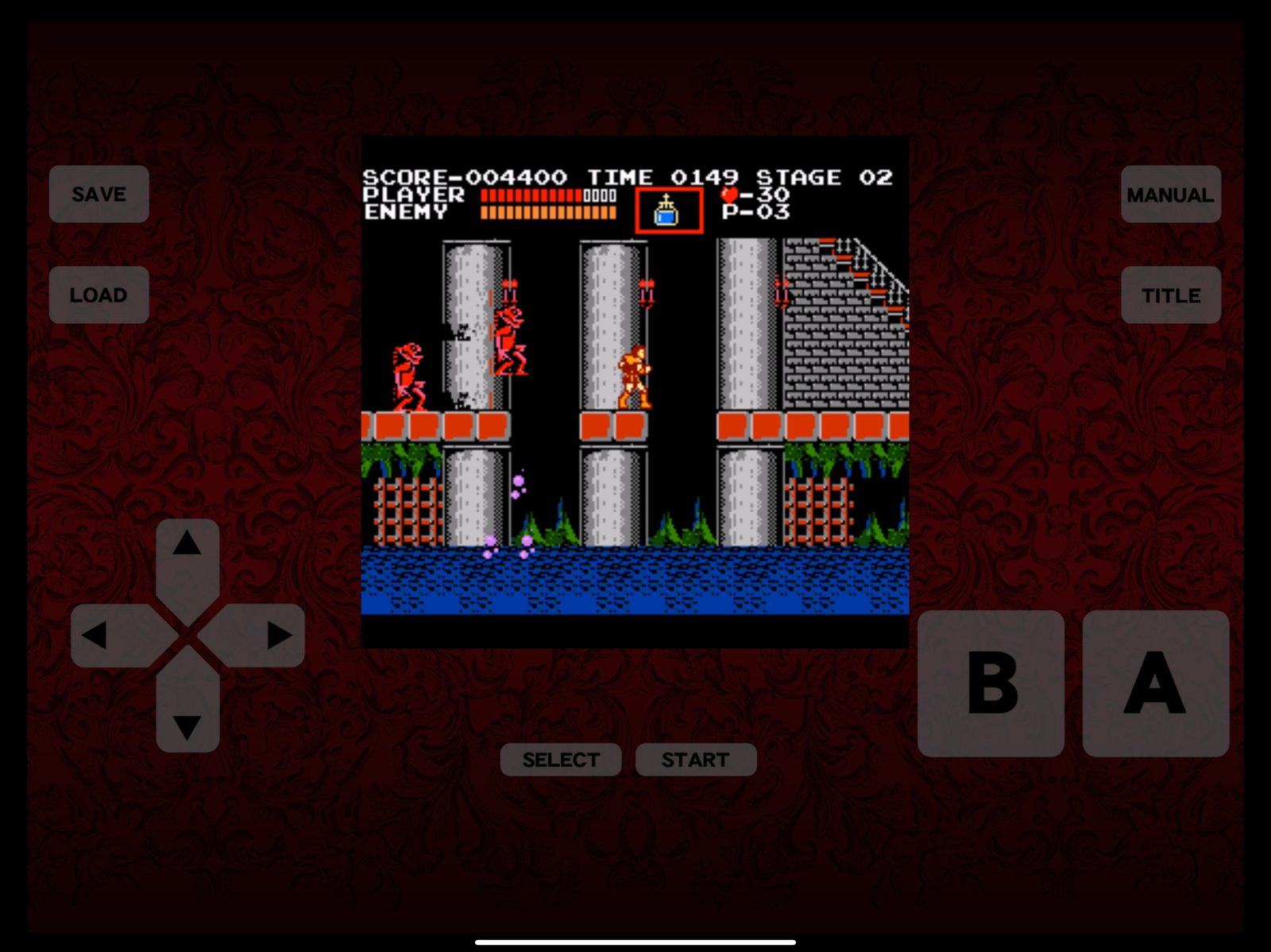 La pantalla de título de Castlevania sobre un fondo adamascado rojo oscuro, flanqueada por una cruceta y los botones A y B en pantalla 4
