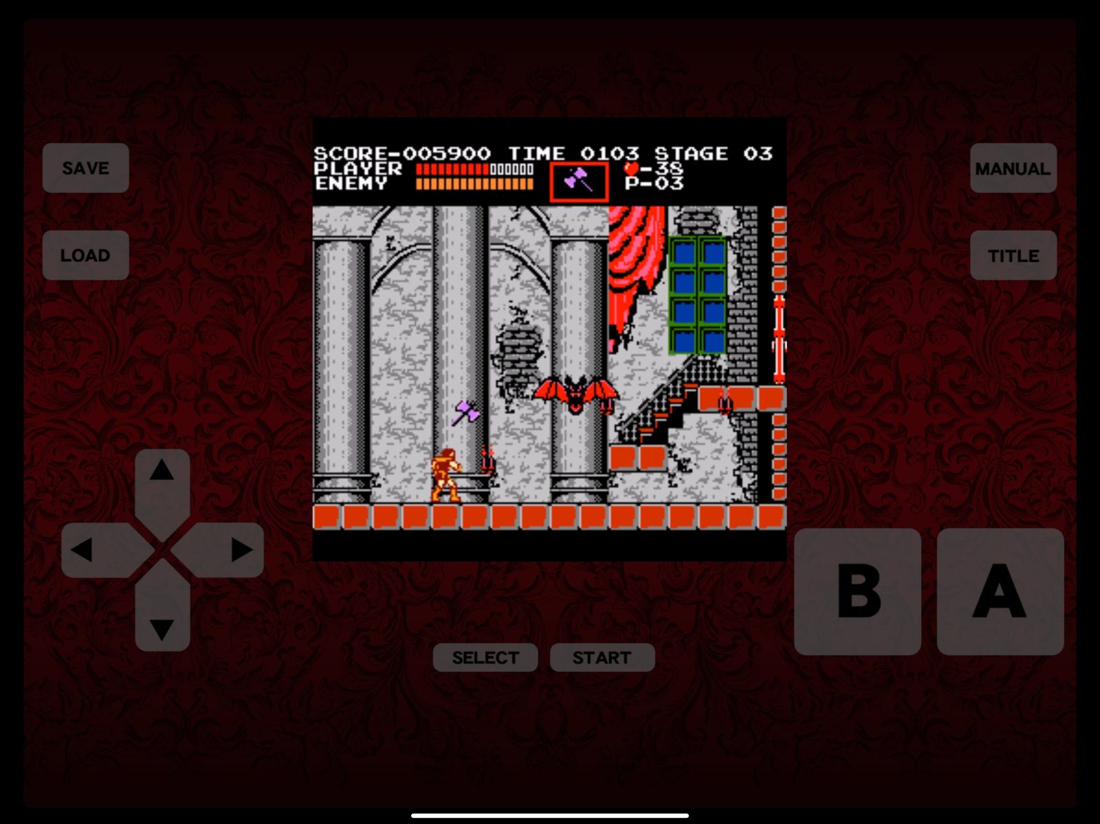 La pantalla de título de Castlevania sobre un fondo adamascado rojo oscuro, flanqueada por una cruceta y los botones A y B en pantalla 5