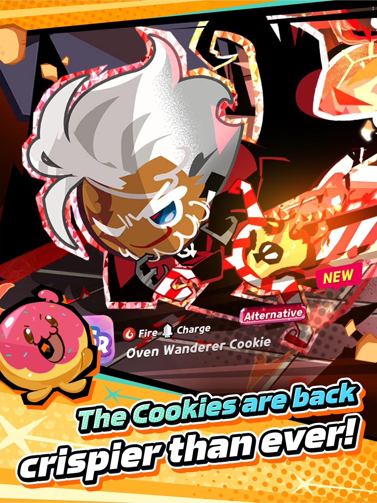 CookieRun: Crumble 夜晚烘焙工坊的厨房，刚出炉的烤盘冒着热气，一个系着围裙的人背对烤箱灯光抱臂低头看着的插画 2