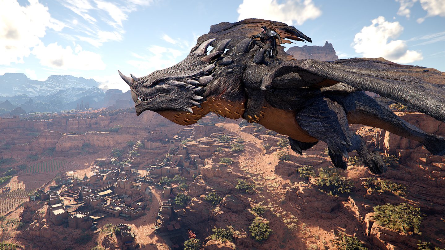 A mercenary with a spear across his back looks down from a red sandstone ridge at a scattered camp below