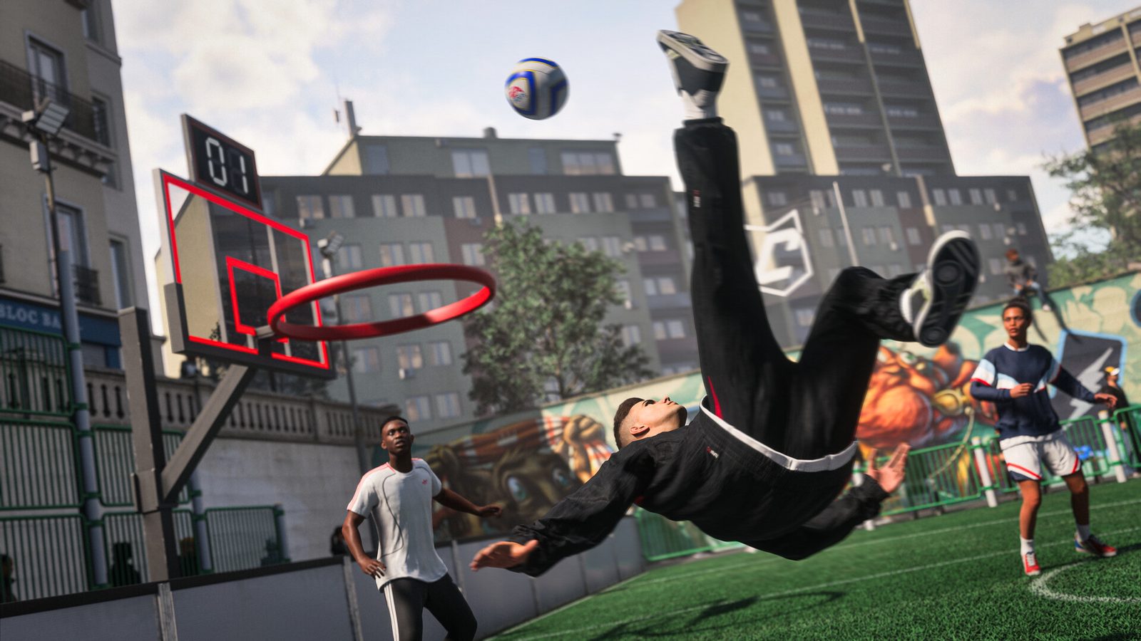 EA SPORTS FC 27 Vista aérea de una ciudad junto a un río, con canchas de fútbol de todos los tamaños entre sus calles, un estadio con cúpula blanca en el centro y, en el cielo, un globo aerostático y un avión que remolca una pancarta 3