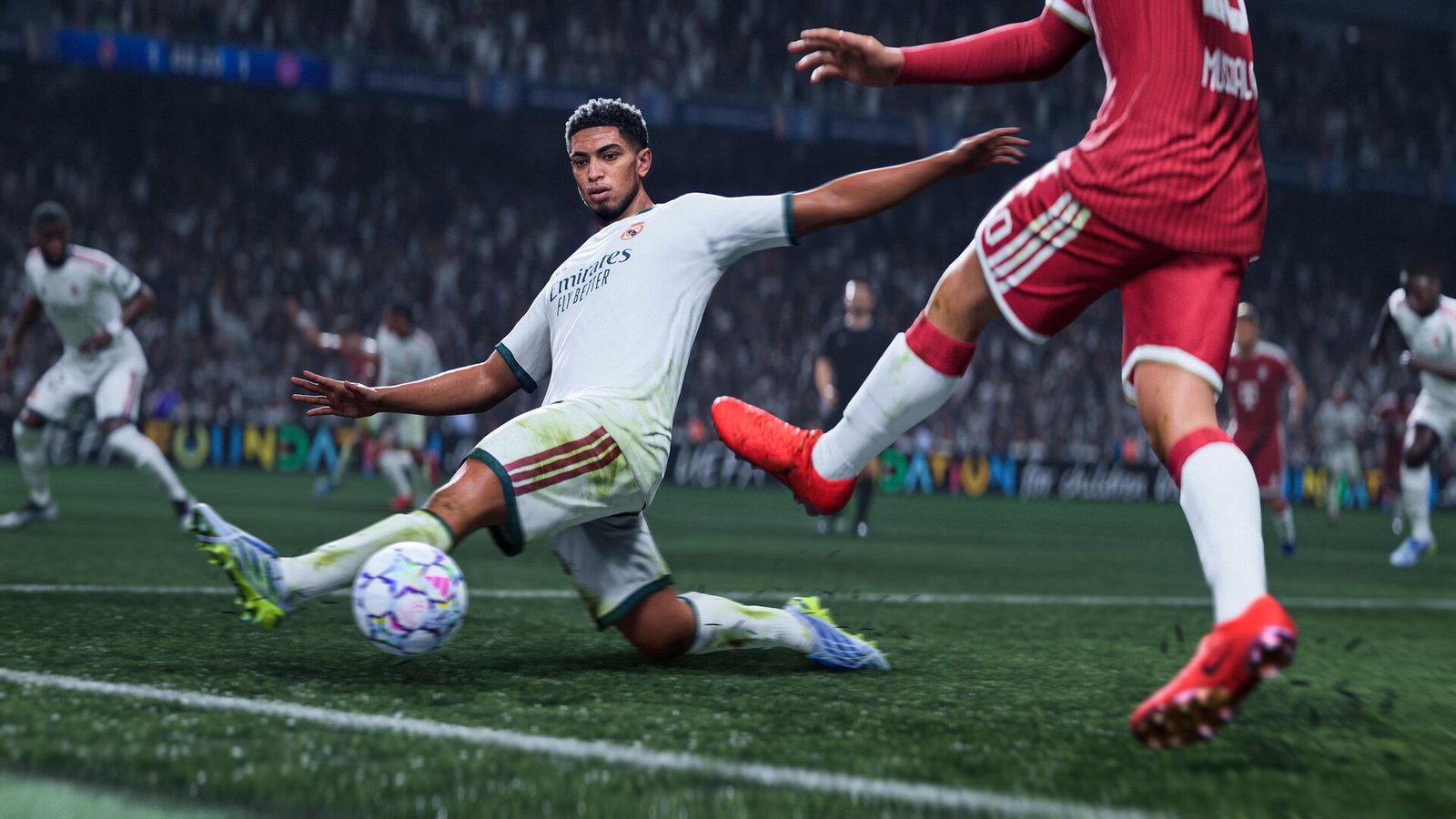 EA SPORTS FC 27 Vista aérea de una ciudad junto a un río, con canchas de fútbol de todos los tamaños entre sus calles, un estadio con cúpula blanca en el centro y, en el cielo, un globo aerostático y un avión que remolca una pancarta 5