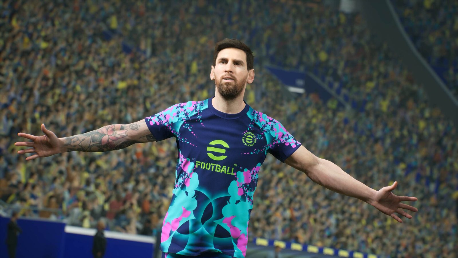 eFootball ピンクと青の円が散りばめられた背景の前で、eFootballのユニフォームを着た2人のサッカー選手がボールを持つ公式画像 1