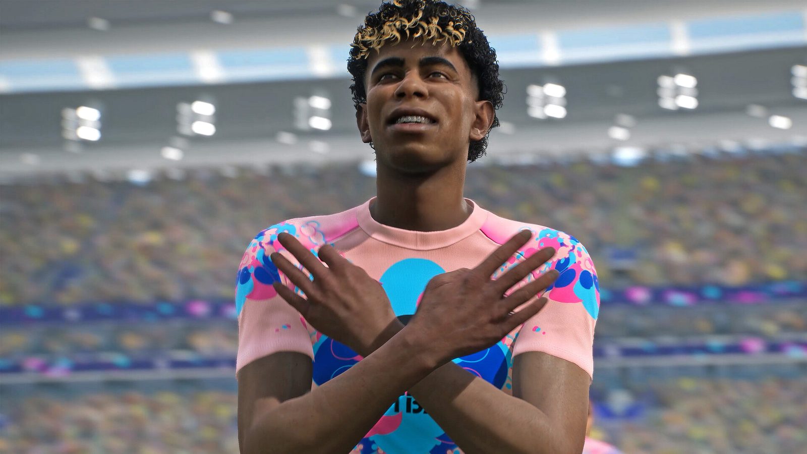 eFootball ピンクと青の円が散りばめられた背景の前で、eFootballのユニフォームを着た2人のサッカー選手がボールを持つ公式画像 2