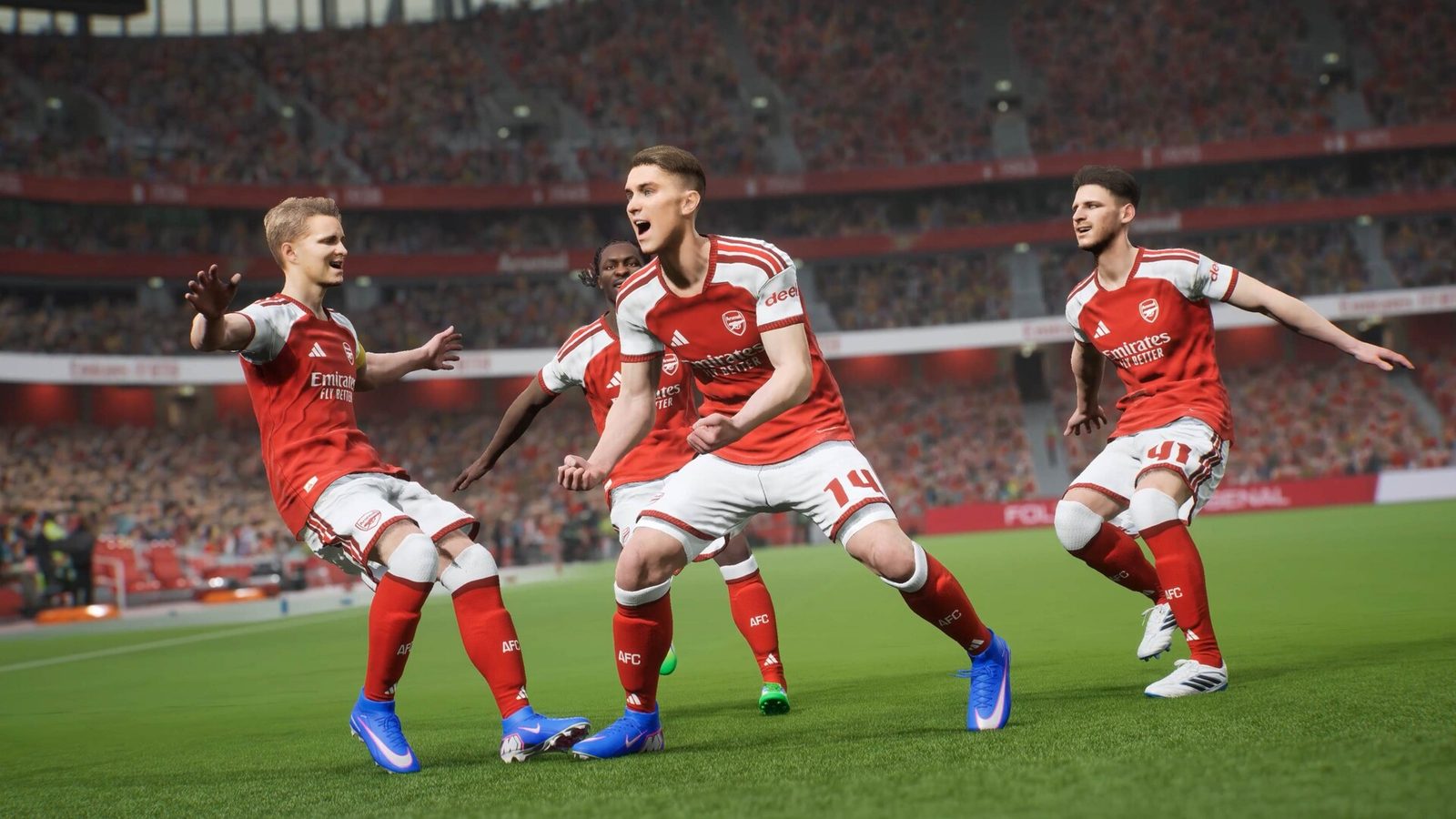 eFootball ピンクと青の円が散りばめられた背景の前で、eFootballのユニフォームを着た2人のサッカー選手がボールを持つ公式画像 5