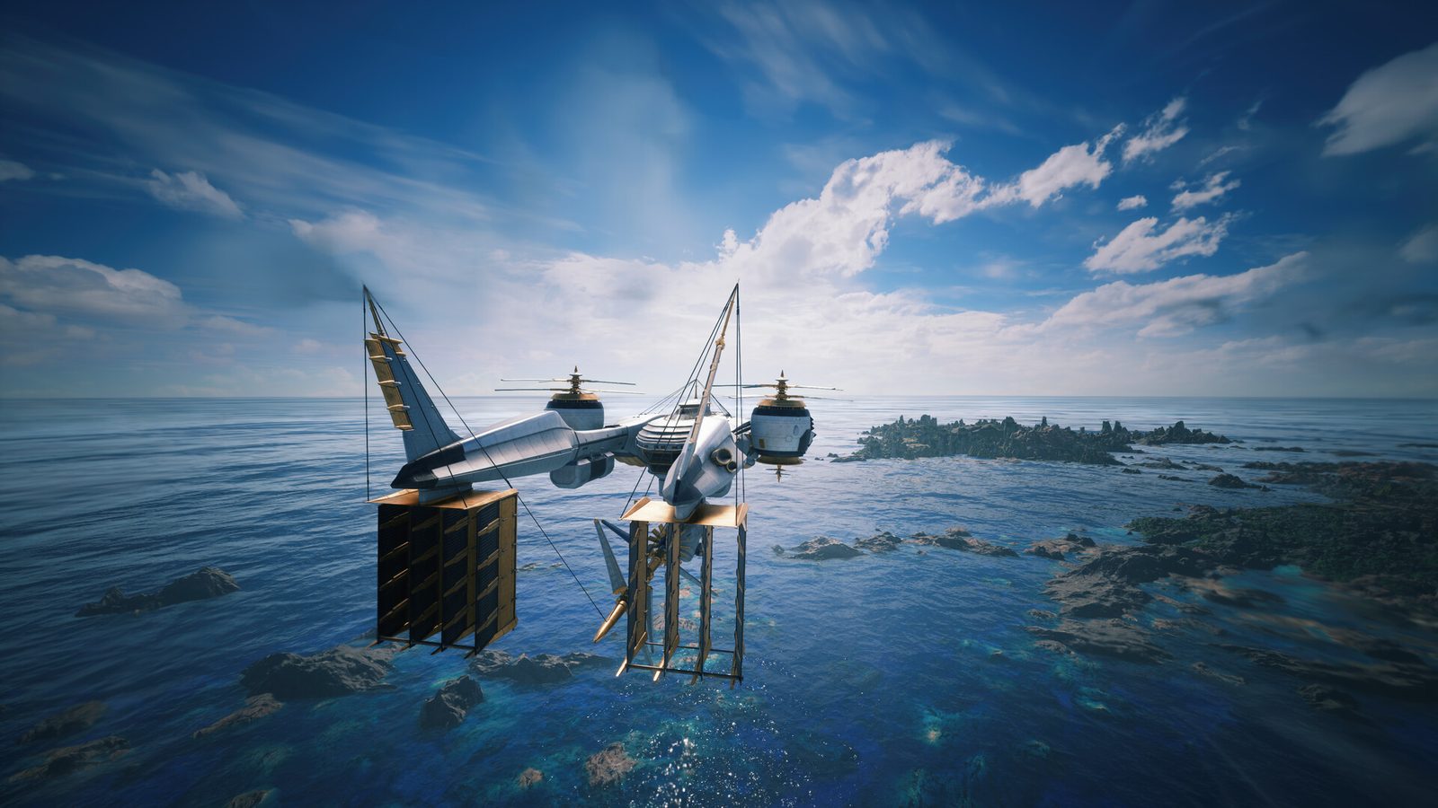 An airship flying low over dusk wasteland while a party on chocobo-back rides toward a ruined city below