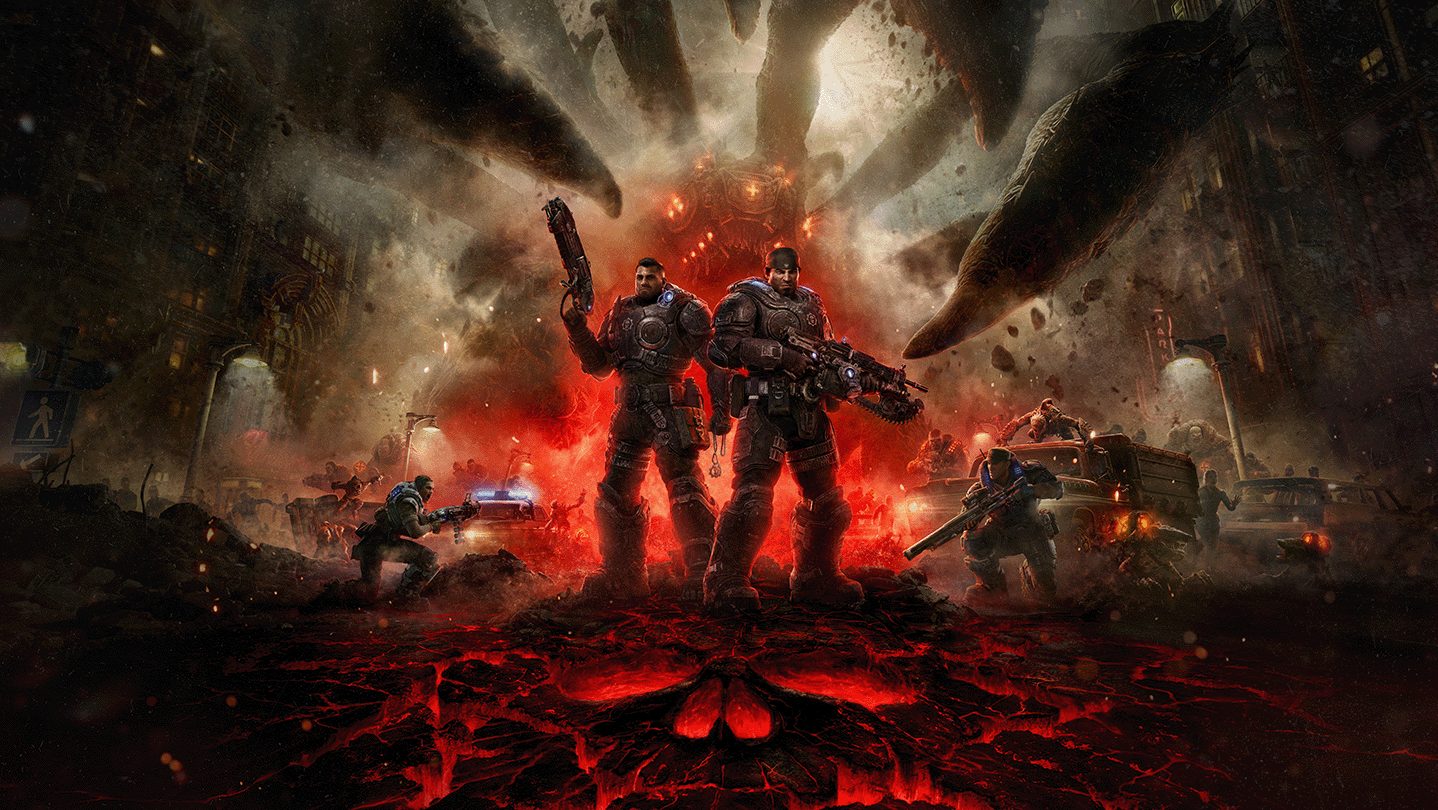 Ilustración promocional de dos soldados armados sobre un terreno rojo agrietado que recuerda a la lava, con la mano de un monstruo gigante descendiendo sobre una ciudad en ruinas detrás de ellos