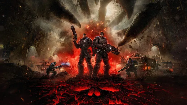 Ilustración promocional de dos soldados armados sobre un terreno rojo agrietado que recuerda a la lava, con la mano de un monstruo gigante descendiendo sobre una ciudad en ruinas detrás de ellos