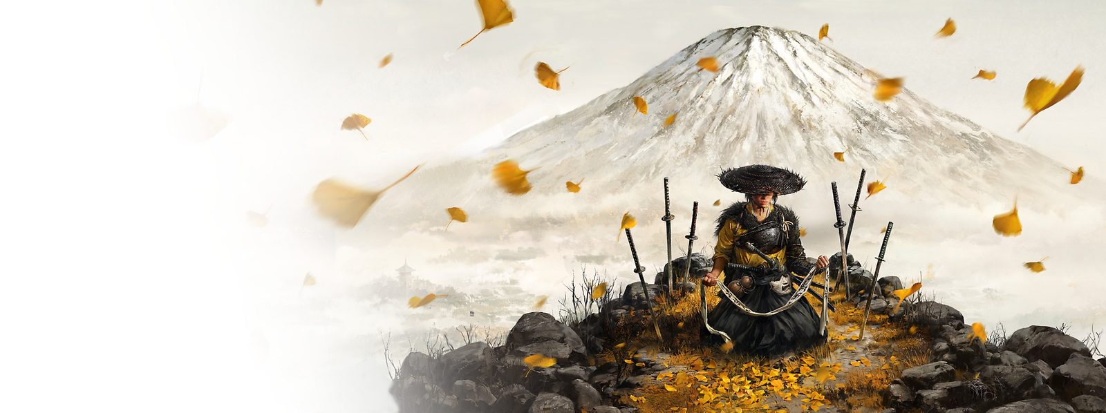 A swordsman in a straw hat stands in an open field with a snow-capped volcano behind him, a bounty notice nailed to a tree at his side