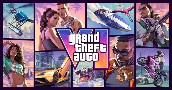 以GTA VI標誌為中心,用分格畫面描繪直升機、快艇、跑車與罪惡都市人物的官方美術圖
