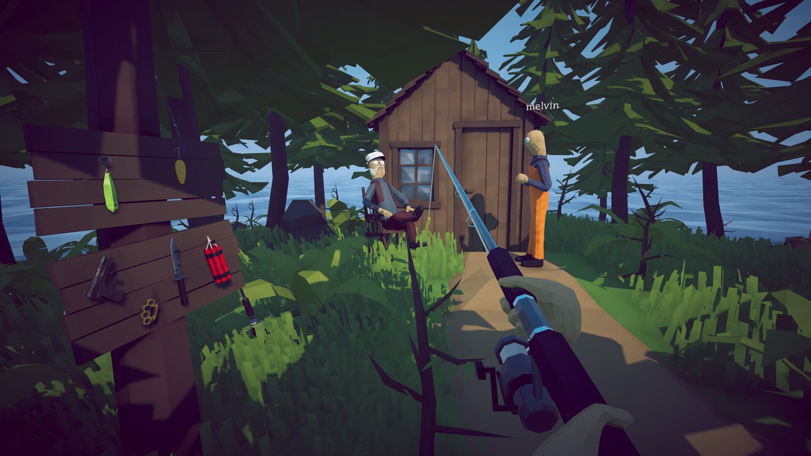 A low-poly island shack seen in first person, a fishing rod held at the bottom of the frame and a plank wall on the left hung with lures, a combat knife and a bundle of dynamite