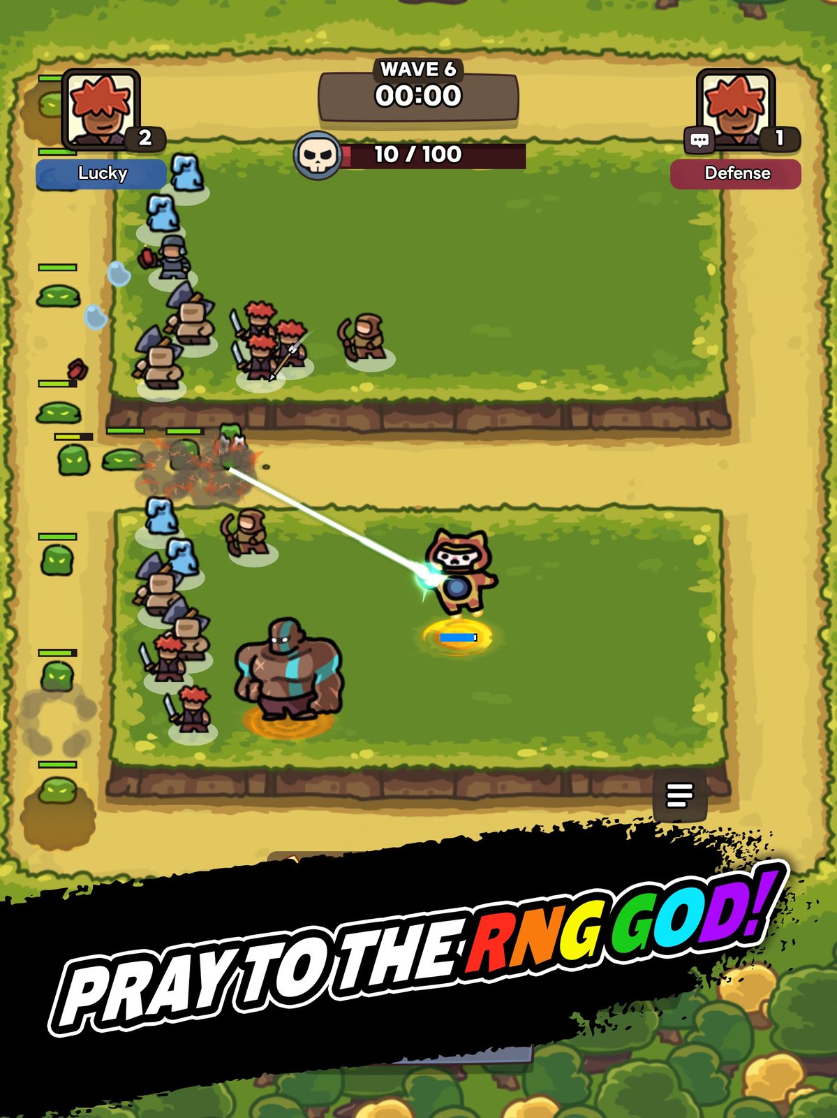 Lucky Defense! Dos campos de césped, uno encima del otro en una pantalla de móvil, con las unidades de un jugador en cada uno, mientras los monstruos recorren el camino de tierra que los rodea y un contador marca 11 de 100 3