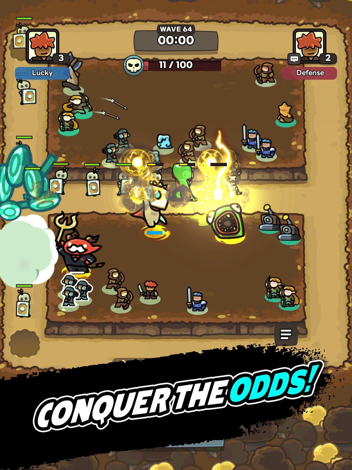 Lucky Defense! Dos campos de césped, uno encima del otro en una pantalla de móvil, con las unidades de un jugador en cada uno, mientras los monstruos recorren el camino de tierra que los rodea y un contador marca 11 de 100 6