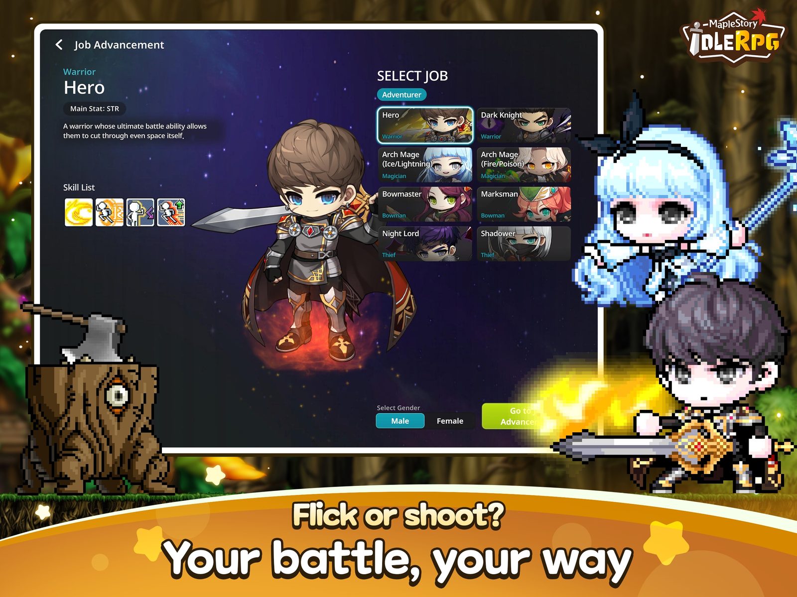 MapleStory: Idle RPG Personajes 2D de formas redondeadas al estilo de MapleStory combaten automáticamente contra monstruos junto a sus compañeros en la pantalla de un juego móvil 2