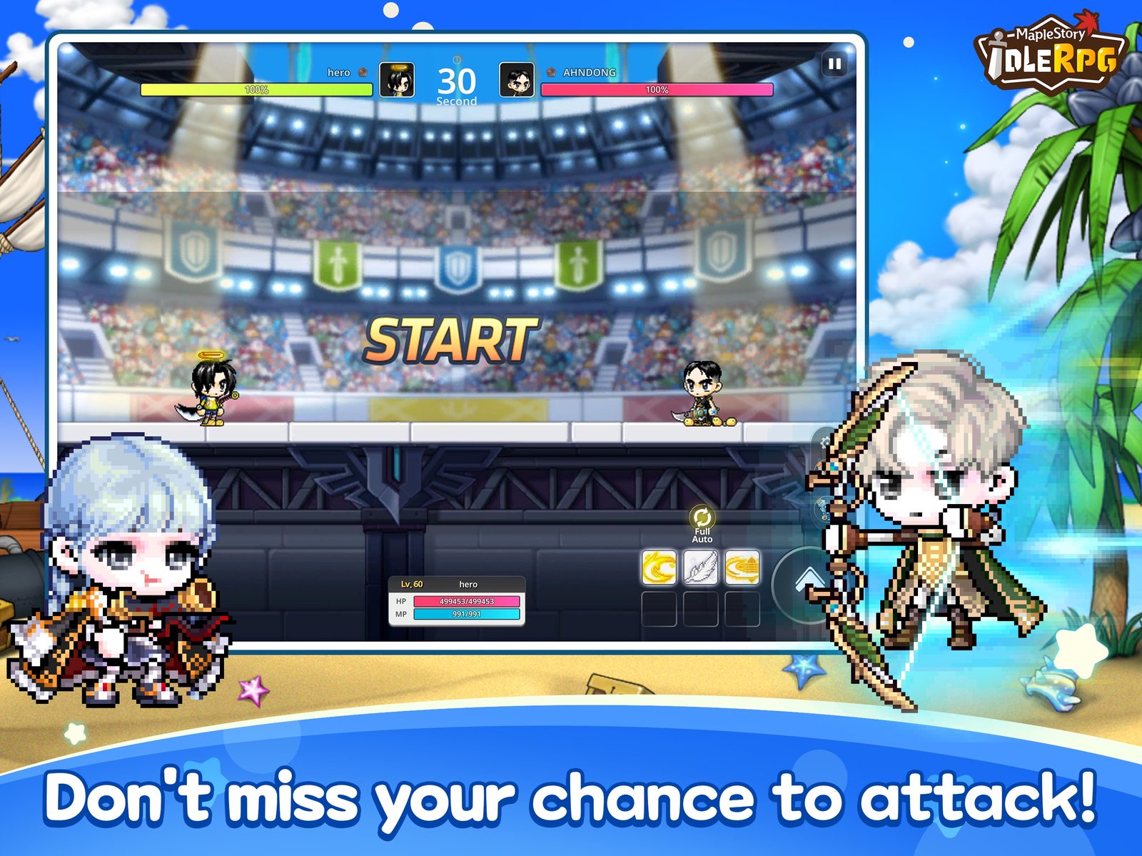 MapleStory: Idle RPG Personajes 2D de formas redondeadas al estilo de MapleStory combaten automáticamente contra monstruos junto a sus compañeros en la pantalla de un juego móvil 4