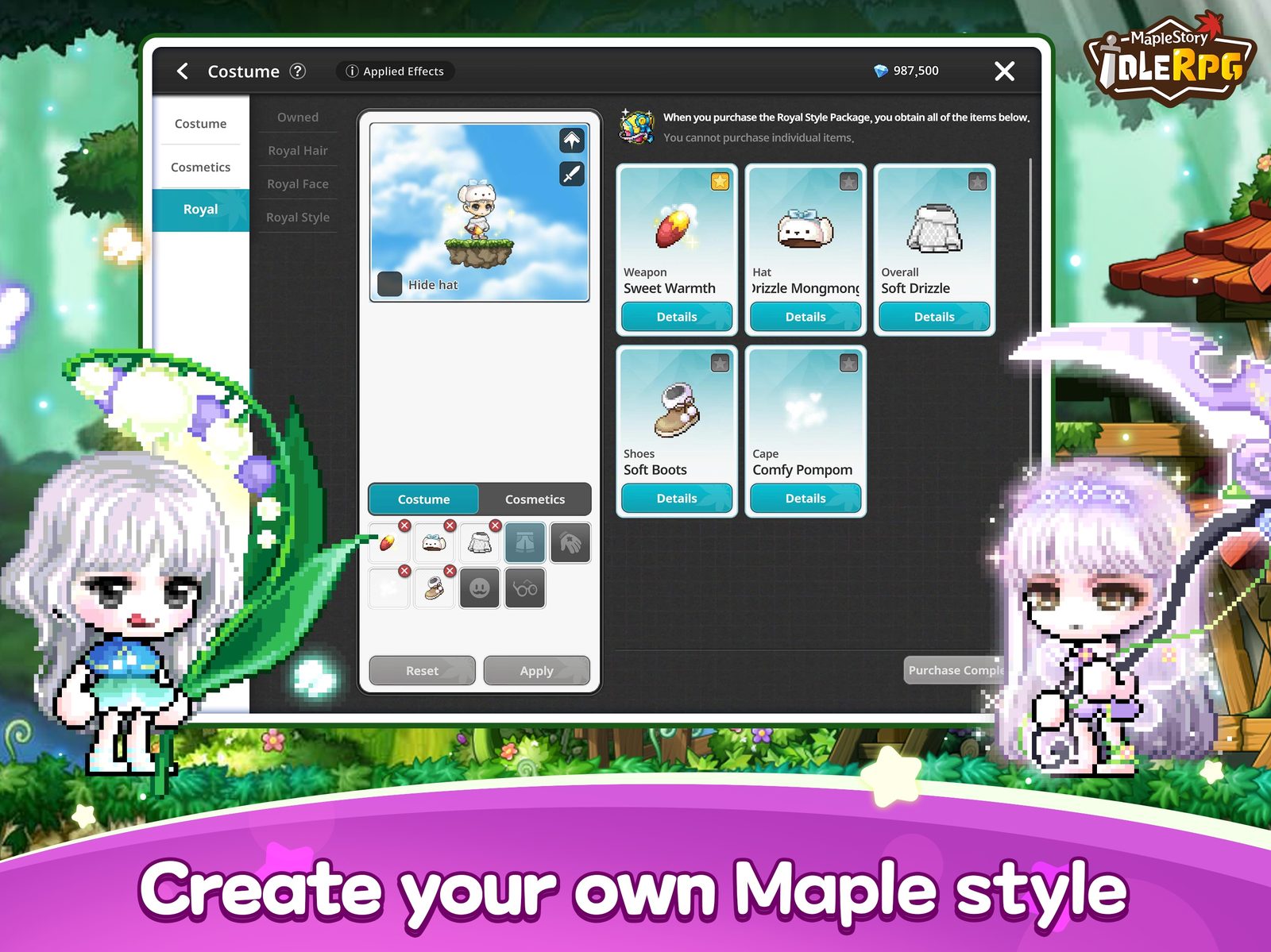 MapleStory: Idle RPG Personajes 2D de formas redondeadas al estilo de MapleStory combaten automáticamente contra monstruos junto a sus compañeros en la pantalla de un juego móvil 5