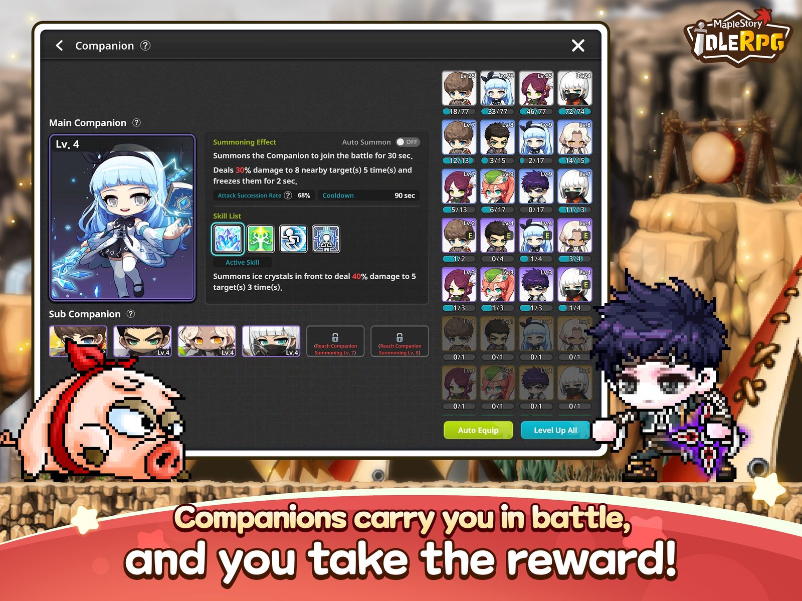 MapleStory: Idle RPG Personajes 2D de formas redondeadas al estilo de MapleStory combaten automáticamente contra monstruos junto a sus compañeros en la pantalla de un juego móvil 6