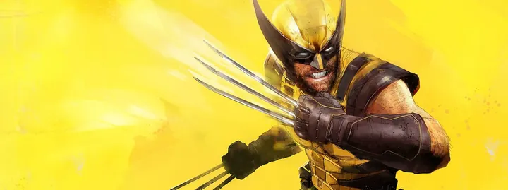 Wolverine, con un traje amarillo y negro, muestra los dientes sobre un fondo amarillo intenso, con un puño levantado y las garras de adamantium extendidas frente a su rostro