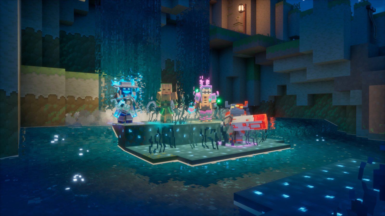 Minecraft Dungeons II 《Minecraft Dungeons II》主視覺：藍色光芒在洞穴裡旋轉，方塊英雄拿著刀劍與弓箭，衝進成群怪物之間 1