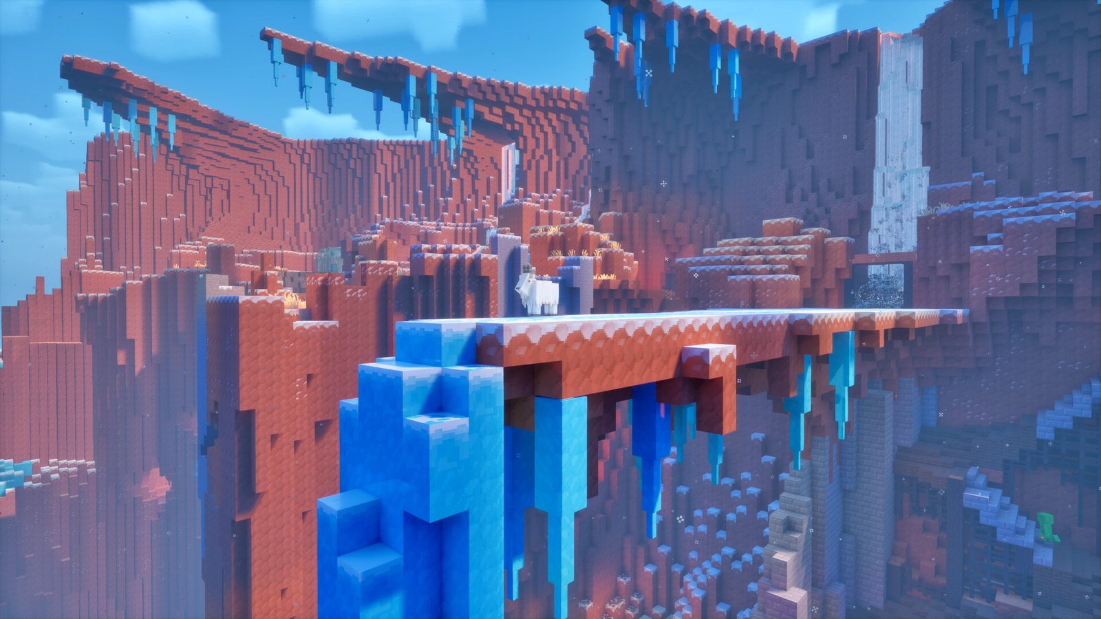 Minecraft Dungeons II 《Minecraft Dungeons II》主視覺：藍色光芒在洞穴裡旋轉，方塊英雄拿著刀劍與弓箭，衝進成群怪物之間 3
