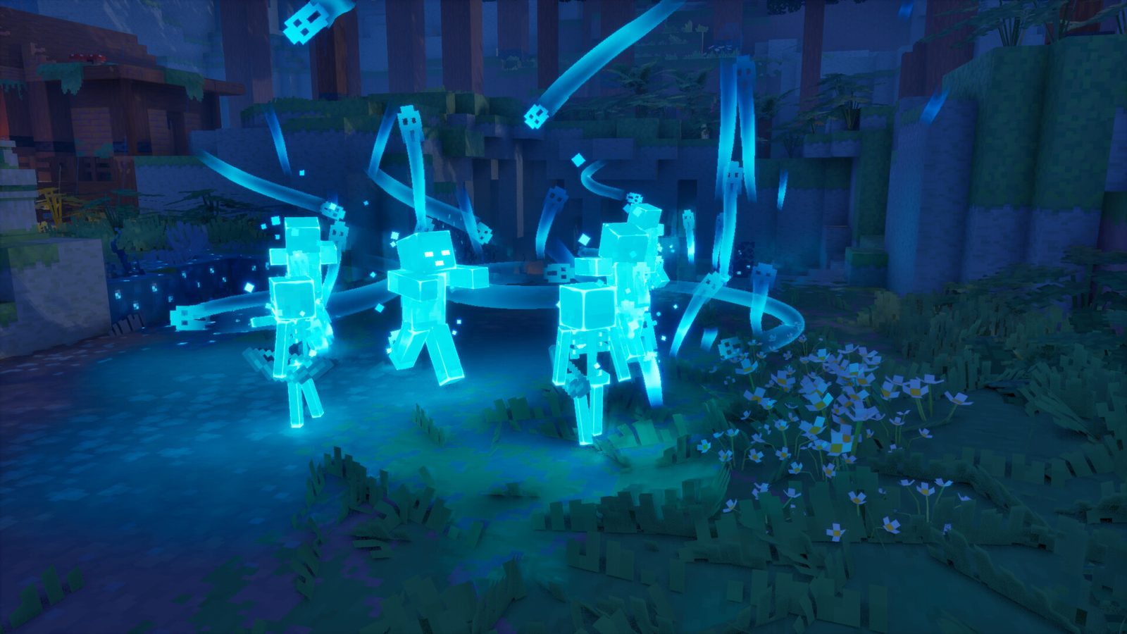 Minecraft Dungeons II 《Minecraft Dungeons II》主視覺：藍色光芒在洞穴裡旋轉，方塊英雄拿著刀劍與弓箭，衝進成群怪物之間 4