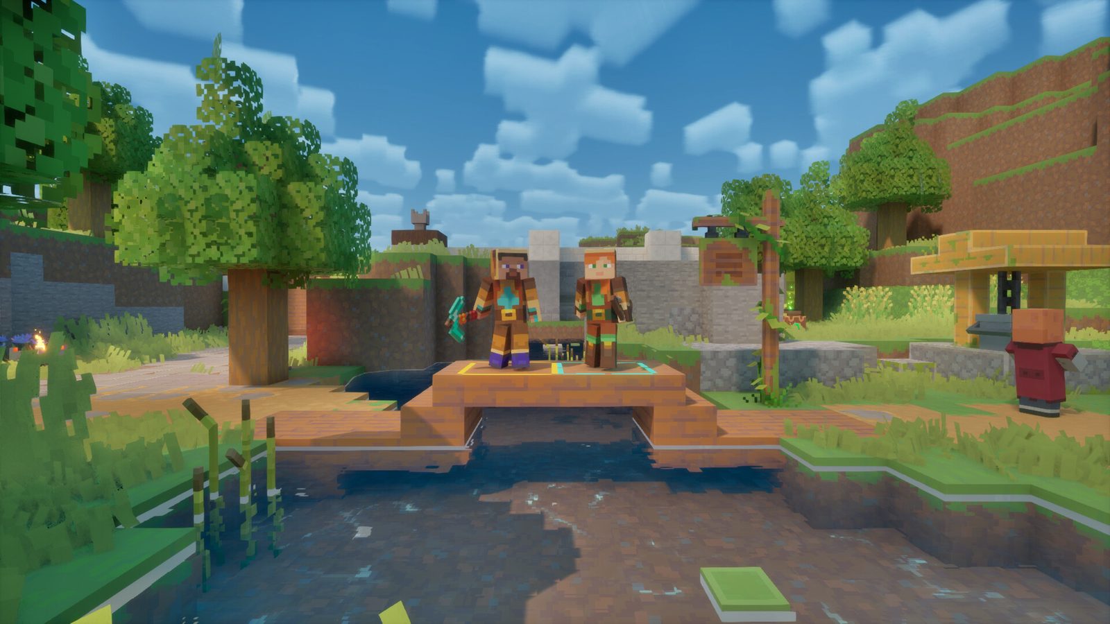 Minecraft Dungeons II 《Minecraft Dungeons II》主視覺：藍色光芒在洞穴裡旋轉，方塊英雄拿著刀劍與弓箭，衝進成群怪物之間 5
