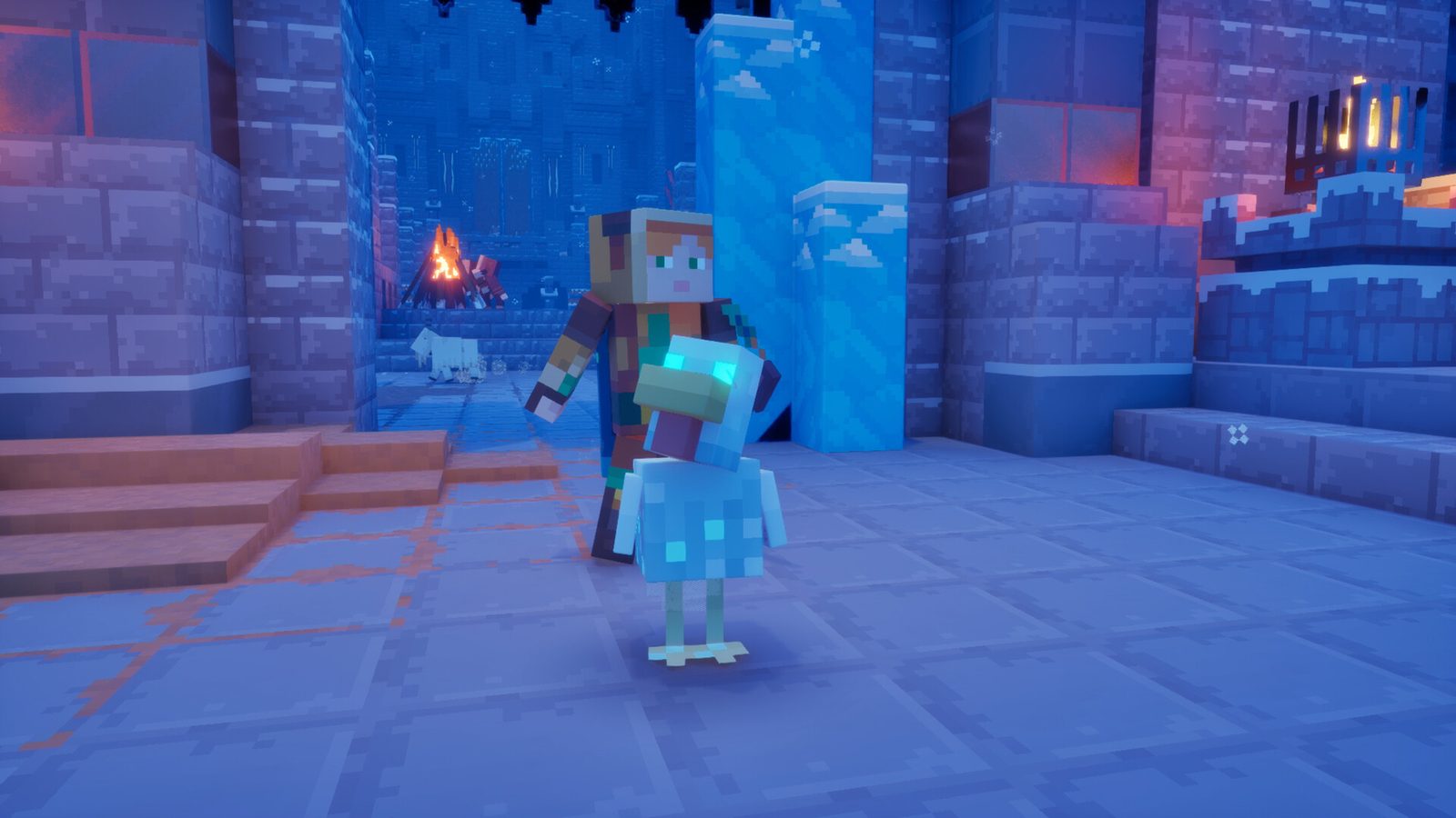 Minecraft Dungeons II 《Minecraft Dungeons II》主視覺：藍色光芒在洞穴裡旋轉，方塊英雄拿著刀劍與弓箭，衝進成群怪物之間 6