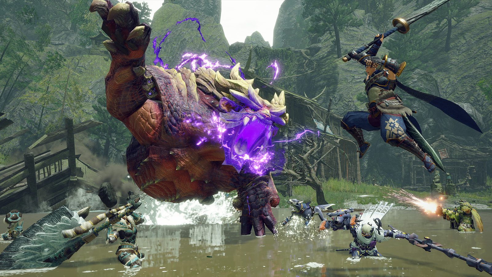 Imagen oficial de Steam de Monster Hunter Rise con un edificio de madera cubierto de musgo y una pequeña estatua de piedra a la orilla del agua en un valle con niebla 1